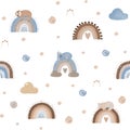 Pastel rainbows and sleeping animals seamless pattern. Cute little koala, hippo and sloth, baby pattern, hand drawn illustration