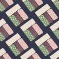 Pastel rectangle silhouettes seamless pattern. Navy blue background. White, pink, green and dark maroon geometry figures