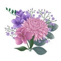 pastel romantic flower bouquet in pink, blue and purple color, alstroemeria, freesia, hydrangea, muscari, eucalyptus blooming