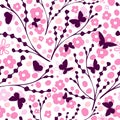 Seamless pattern of simple sakura flowers (cherry blossom) with butterflies. hand drawing. Not AI, Vector Royalty Free Stock Photo