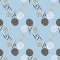Pastel seamless botanic pattern with dandelion flowers. Floral elements in beige and white colors, soft blue background Royalty Free Stock Photo