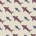 Pastel seamless hand drawn shark pattern in underwater animal style. Light beige background Royalty Free Stock Photo
