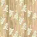 Pastel seamless patten with outline light branch figures. Pink and green stripped background