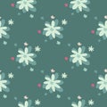 Pastel seamless pattern with daisy flowers. Chamomile elements in blue tones and light green background