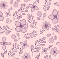 Pastel seamless pattern with light purple doodle flowers and branches on a pink background