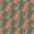 Pastel seamless pattern with outline coral and light green floral branch silhouttes. Dark pale green background