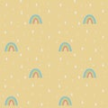 Pastel seamless pattern with rainbows and raindrops. Vector hand drawn illustration