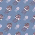 Pastel seamless pattern with underwater animals silhouettes. Jellyfish simple diagonal ornament on blue background Royalty Free Stock Photo