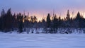 Pastel sky at sunset in winter over a snowy lake in the forest. Royalty Free Stock Photo