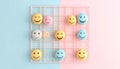 Pastel smiley face spheres arranged on a pink grid against a blu Royalty Free Stock Photo