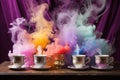 pastel smoke pouring from a set of colorful teacups