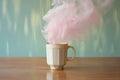 pastel smoke rising from a cup of hot beverage on a wooden table