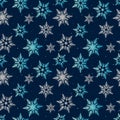 Pastel snowflakes blue gray winter in the night dark blue sky pattern seamless .