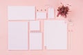 Pastel soft pink stylish working space with dry flowers lavender and blank notepad, letterhead, business card, coffee cup.
