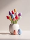 Pastel Spring Arrangement With Flowers in Ceramic Shapes and Colored Eggs in Warm Natural Light With Empty Space Royalty Free Stock Photo
