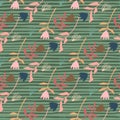 Pastel spring seamless pattern with tulip flowers. Stripped green background with multicolor floral ornament