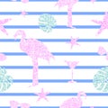 Pastel summer glitter elements seamless pattern. Flamingo, monstera leafs, cocktails and sunglasses. Trendy shiny