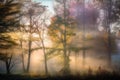 pastel sunrise, with rays of light shining through the trees and highlighting seasonal changes