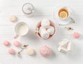 Pastel sweets, tea and milk, topview Royalty Free Stock Photo