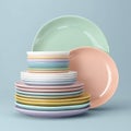 Pastel tableware stack: Minimalist composition of colorful ceramic plates and bowls Royalty Free Stock Photo