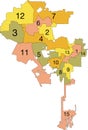 Pastel tagged cities map of the LOS ANGELES CITY COUNCILS, UNITED STATES