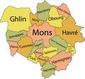 Pastel tagged districts map of MONS, BELGIUM