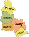 Pastel tagged map of raions of the SUMY OBLAST, UKRAINE