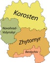Pastel tagged map of raions of the ZHYTOMYR OBLAST, UKRAINE