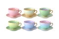 Pastel Tea Cups and Saucers on White Background Royalty Free Stock Photo