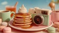 A pastel-themed composition featuring a stack of pancakes topped Royalty Free Stock Photo