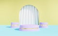 Pastel three purple podiums with yellow wall and white curtain. Royalty Free Stock Photo