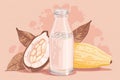 Pastel-toned artwork of a clear bottle and glass of cacao water with an open cacao fruit and leaves.