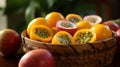 Pastel toned basket with sliced passion fruits