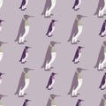 Pastel tones animal doodle seamless pattern with penguin ornament. Pale purple ornament. Doodle backdrop