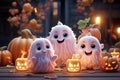 Pastel tones enhance the cuteness of ghostly pumpkins, creating a charming scene