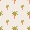 Pastel tones seamless pattern with green and pink colored palm tree silhouettes. Pastel light background