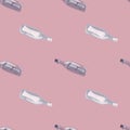 Pastel tones seamless pattern with hand drawn bottles with message print. Pink background. Simple style