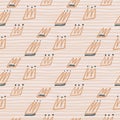Pastel tones seamless pattern with orange contoured crown silhouettes. Light background with strips