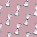 Pastel tones seamless time pattern with hourglask clock ornament. Light pink background