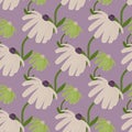 Pastel tones sunflower print seamless pattern. Stylized botanic ornament with beige and green flowers on light purple background