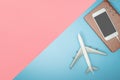 travel gadgets equipment on blue pink copy space Royalty Free Stock Photo