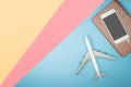 Travel gadgets equipment on blue yellow pink copy space Royalty Free Stock Photo