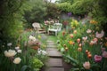 pastel tulips in a garden setting