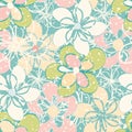 Pastel vector flower wall seamless vector pattern background. Light green, pink, blue overlapping florals dense backdrop Royalty Free Stock Photo