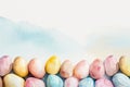 Pastel Watercolor Easter Eggs Border with Blue Sky. A serene border of pastel watercolor Easter eggs against a blue