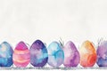 Pastel Watercolor Easter Eggs on White Background. Watercolor painted Easter eggs in soft pastel colors arranged in a