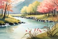 pastel watercolor landscape painting with pink and green trees and lake. on a bright sunny day. beautiful spring wallpaper Royalty Free Stock Photo