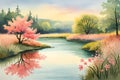 pastel watercolor landscape painting with pink and green trees and lake. on a bright sunny day. beautiful spring wallpaper Royalty Free Stock Photo