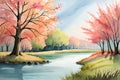 pastel watercolor landscape painting with pink and green trees and lake. on a bright sunny day. beautiful spring wallpaper Royalty Free Stock Photo