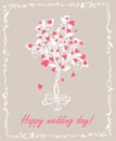 Pastel wedding greeting with beautiful white tree with pink hearts